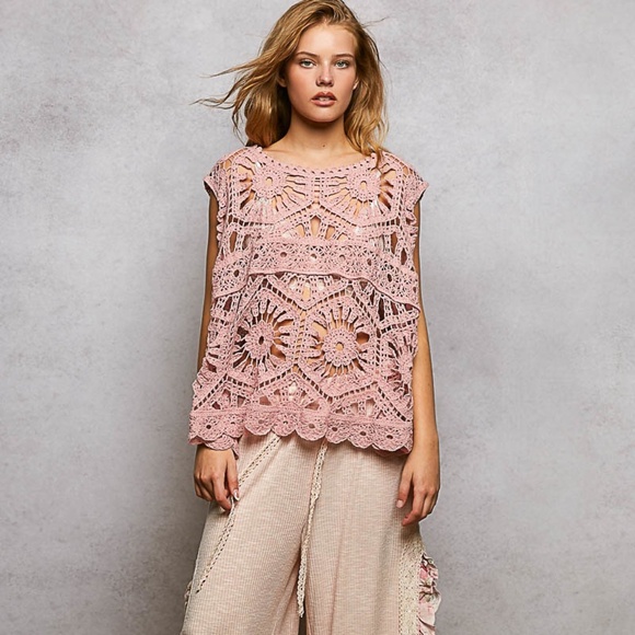 POL Tops - New POL Openwork Floral Crochet SleevelessTank Top Scalloped Oversize Shirt Rose